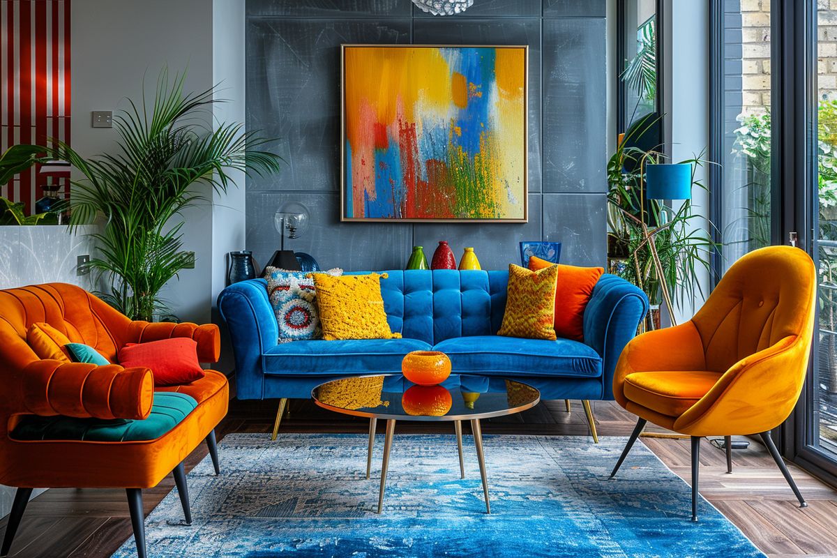 Bold and colorful furniture pieces bringing personality to a London flat.