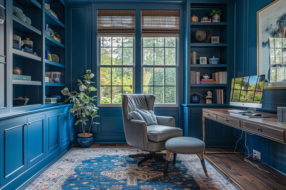 A home office with blue walls, matching the blue decor in the rest of the house.