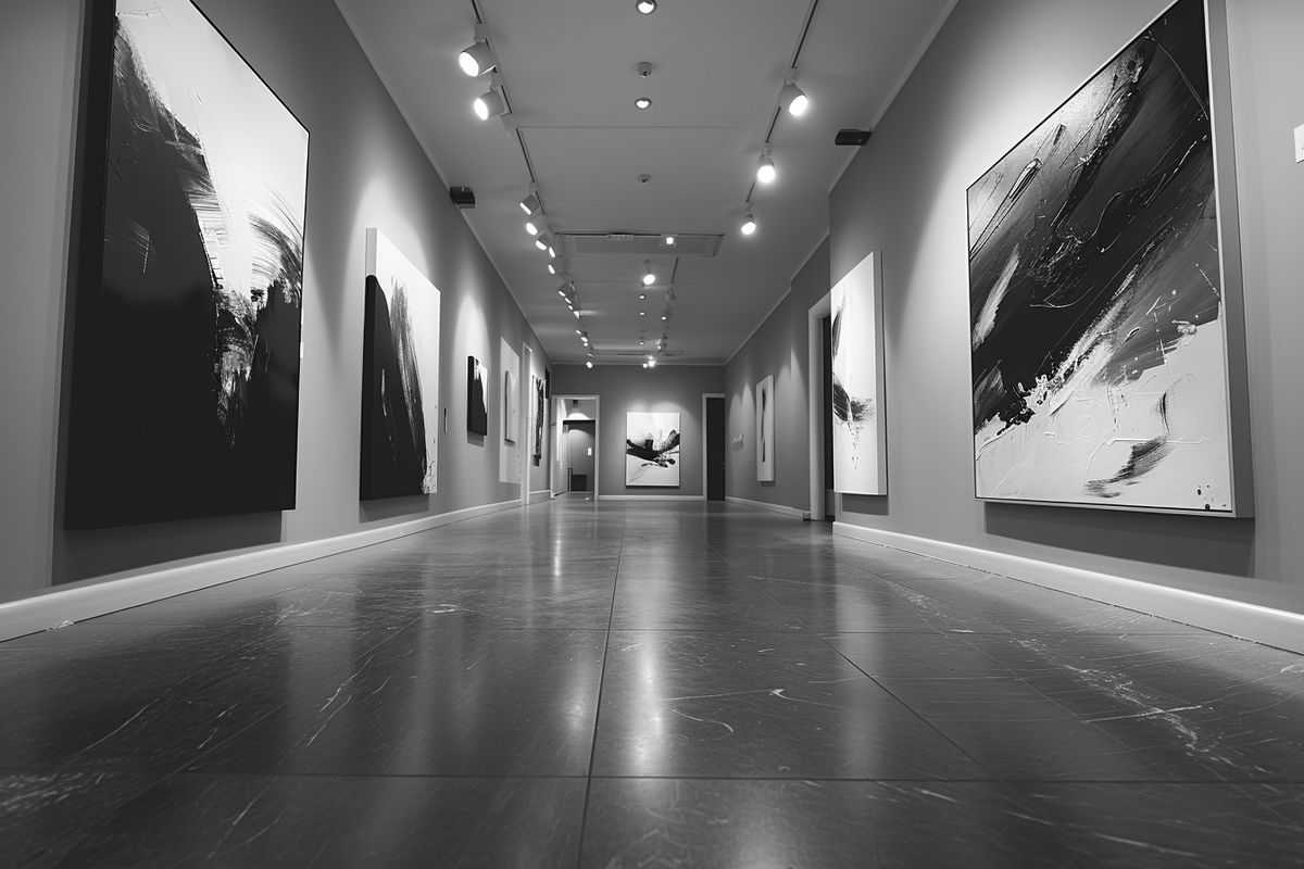 Captivating black and white art gallery showcasing modern abstract paintings.