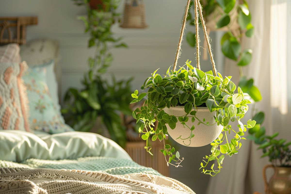Add a touch of nature to your bedroom with hanging planters.