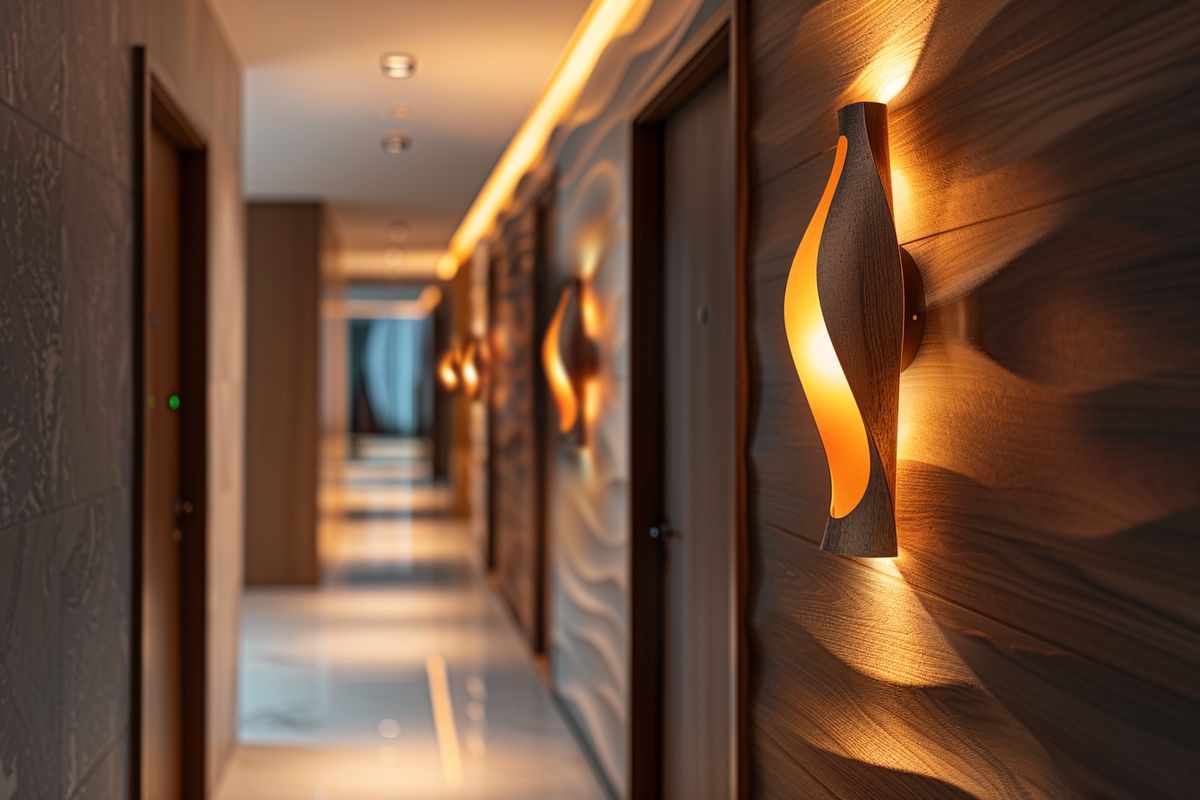 Wall sconces projecting mesmerizing light effects, creating a water reflection illusion.